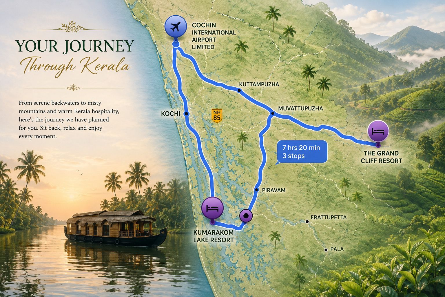 Illustrated map of the Kerala travel route from Cochin International Airport to Kumarakom Lake Resort and The Grand Cliff Resort, Munnar